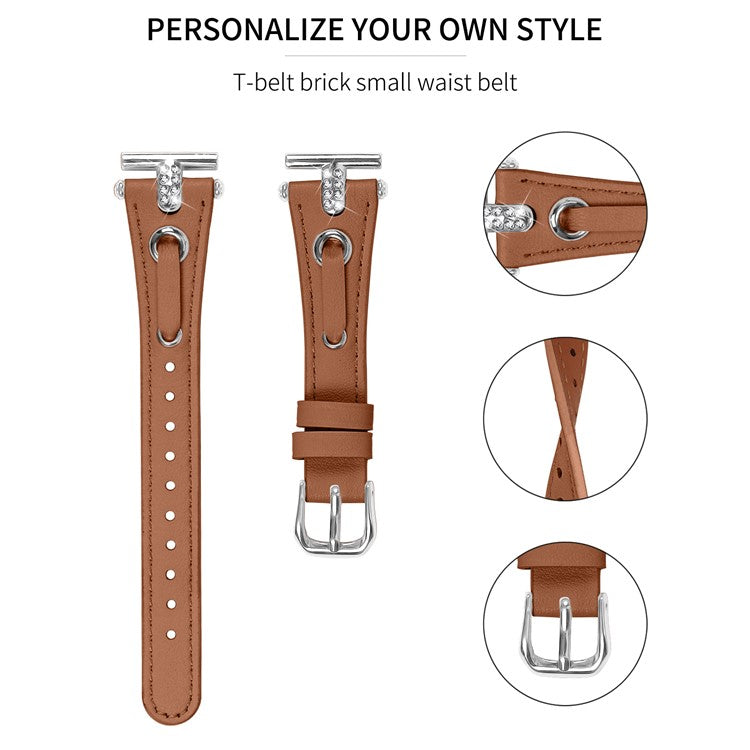 For Motorola Moto 360 42mm (2nd gen) Genuine Cow Leather Watch Band Rhinestone Decor Watch Strap with Silver Buckle - Brown