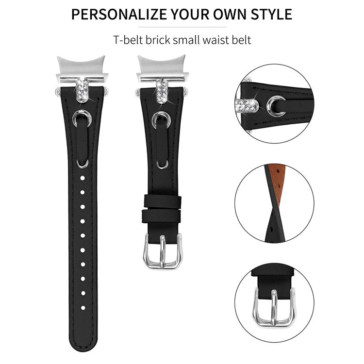 For Samsung Galaxy Watch FE 40mm / Watch4 / Watch4 Classic / Watch 5 / 5 Pro Watch Band Genuine Cow Leather Strap with Silver Connector - Black