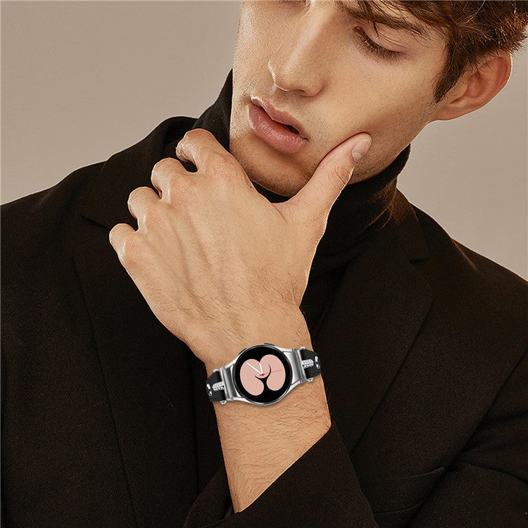 For Samsung Galaxy Watch FE 40mm / Watch4 / Watch4 Classic / Watch 5 / 5 Pro Watch Band Genuine Cow Leather Strap with Silver Connector - Black