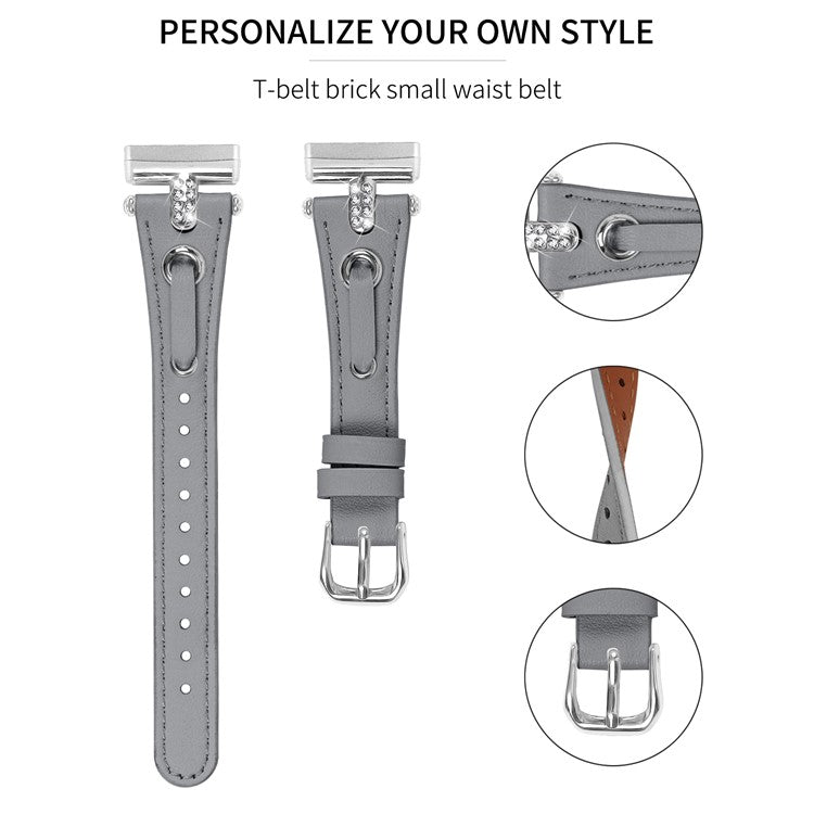 For Fitbit Versa 4 / Sense 2 Genuine Cow Leather Strap Rhinestone Watch Wrist Band (Silver Buckle) - Grey