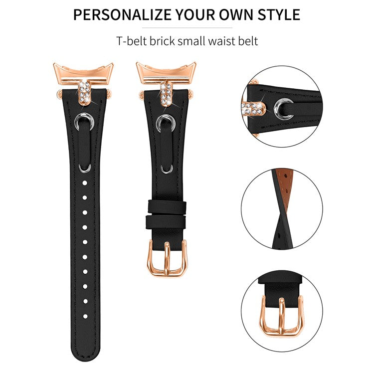 For Google Pixel Watch Genuine Cow Leather Watch Strap Rhinestone Decor Rose Gold Buckle Watch Band - Black