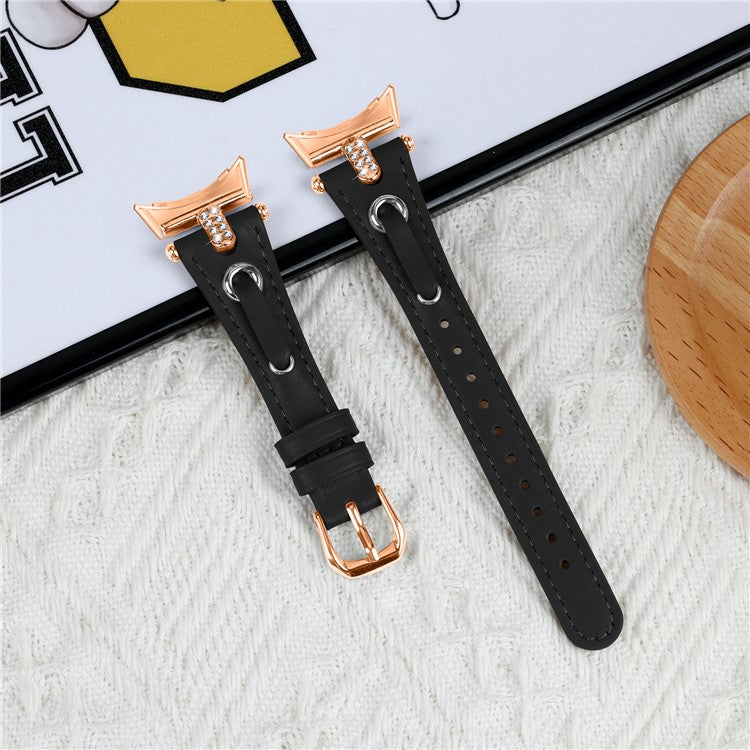 For Google Pixel Watch Genuine Cow Leather Watch Strap Rhinestone Decor Rose Gold Buckle Watch Band - Black