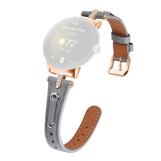For Google Pixel Watch Genuine Cow Leather Watch Strap Rhinestone Decor Rose Gold Buckle Watch Band - Grey