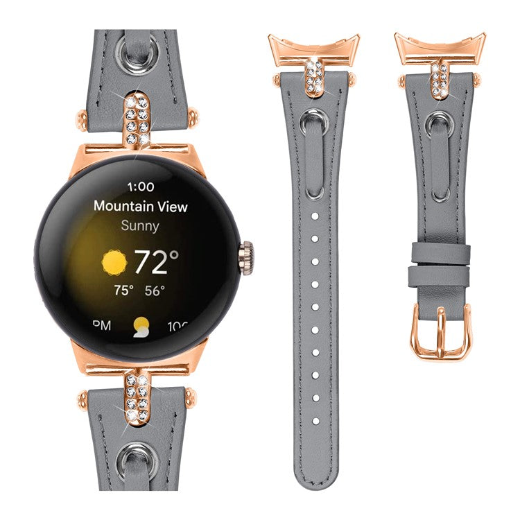 For Google Pixel Watch Genuine Cow Leather Watch Strap Rhinestone Decor Rose Gold Buckle Watch Band - Grey