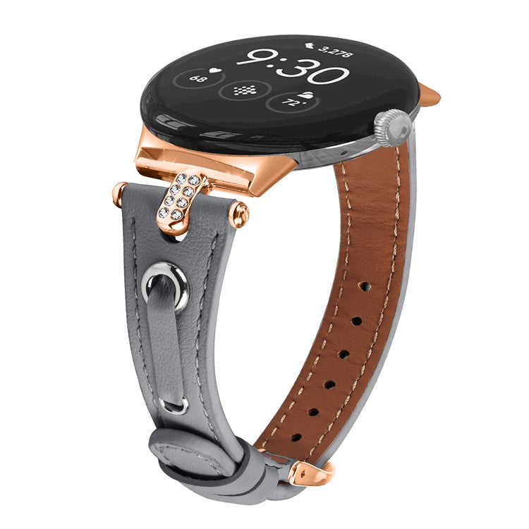 For Google Pixel Watch Genuine Cow Leather Watch Strap Rhinestone Decor Rose Gold Buckle Watch Band - Grey