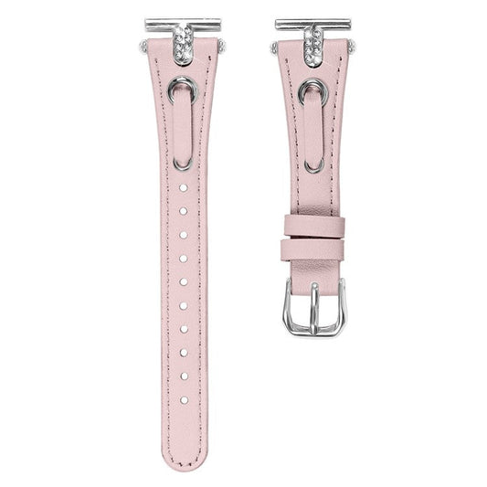 For Garmin Forerunner 245  /  245 Music Genuine Cow Leather Watchband Rhinestone Decor Strap (Silver Connector) - Pink