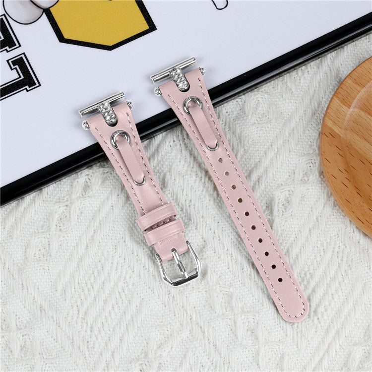 For TicWatch E  /  2  /  C2 (Black  /  Silver Dial) Watchband Genuine Cow Leather Strap with Rhinestone Decor (Silver Connector) - Pink