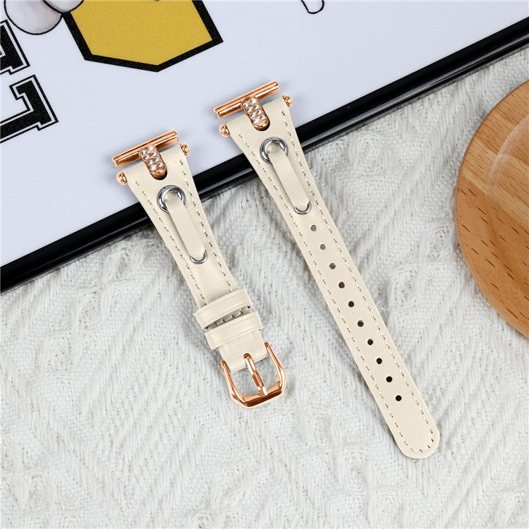For Pebble Time Round / Pebble 2 Genuine Cow Leather Watch Band Rhinestone Decor Rose Gold Buckle Watch Strap - Apricot