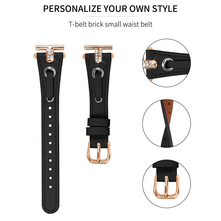 For Pebble Time Round / Pebble 2 Genuine Cow Leather Watch Band Rhinestone Decor Rose Gold Buckle Watch Strap - Black