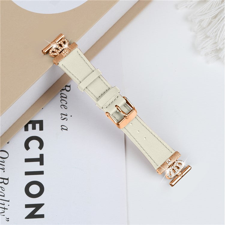 For Garmin Vivomove HR / Vivomove Watch Band Rhinestone Decor Cowhide Strap, Rose Gold Buckle - Apricot