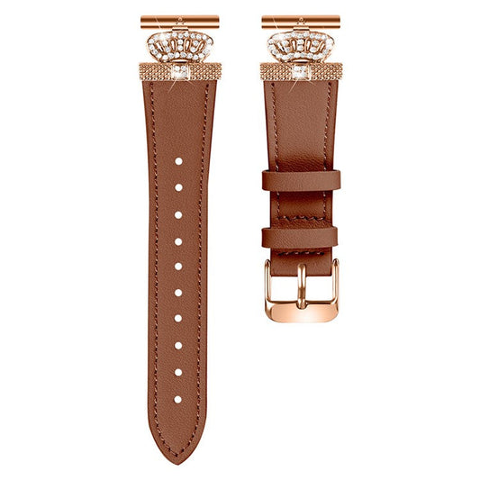 For Huami Amazfit Cheetah Pro Rhinestone Decor Strap Cowhide Wrist Band, Rose Gold Buckle - Brown