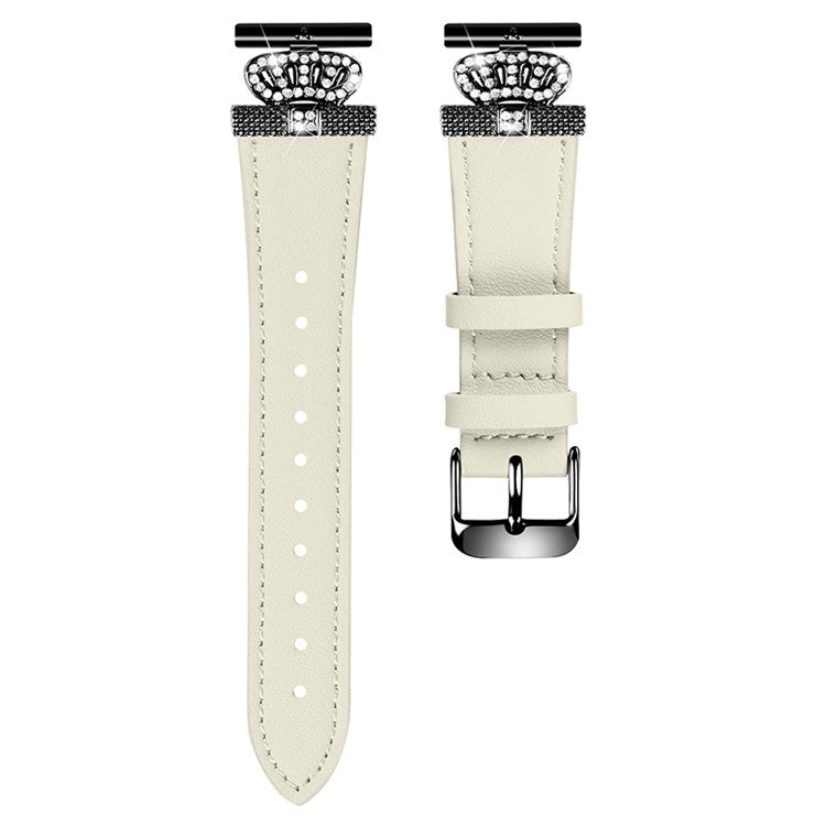 For TicWatch E  /  2  /  C2 (Black  /  Silver Dial) Watchband Genuine Cow Leather Strap, Rhinestone Crown Decor (Black Connector) - Apricot