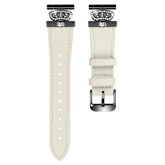 For TicWatch E  /  2  /  C2 (Black  /  Silver Dial) Watchband Genuine Cow Leather Strap, Rhinestone Crown Decor (Black Connector) - Apricot