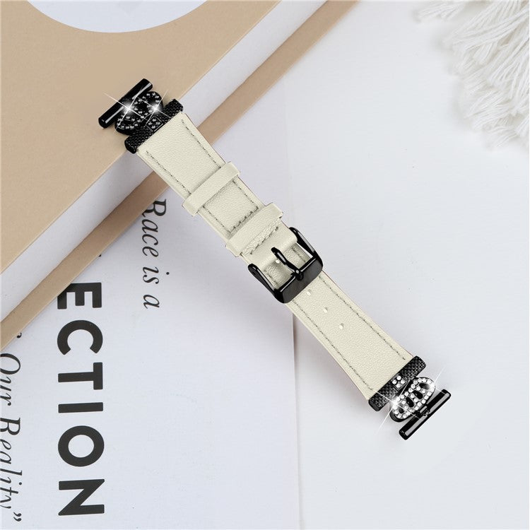 For TicWatch E  /  2  /  C2 (Black  /  Silver Dial) Watchband Genuine Cow Leather Strap, Rhinestone Crown Decor (Black Connector) - Apricot