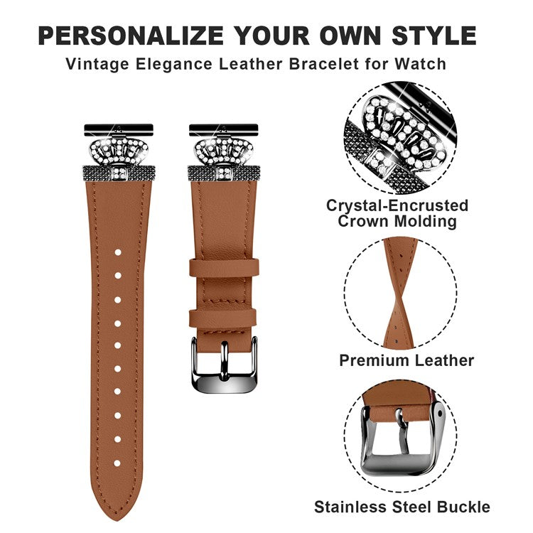 For TicWatch E  /  2  /  C2 (Black  /  Silver Dial) Watchband Genuine Cow Leather Strap, Rhinestone Crown Decor (Black Connector) - Brown