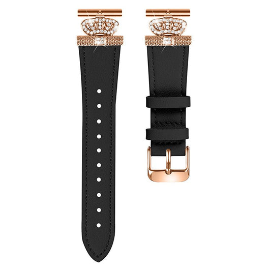 For GarminMove 3  /  Vivomove 3 Watchband Genuine Cow Leather Strap, Rose Gold Connector with Rhinestone Crown Decor - Black