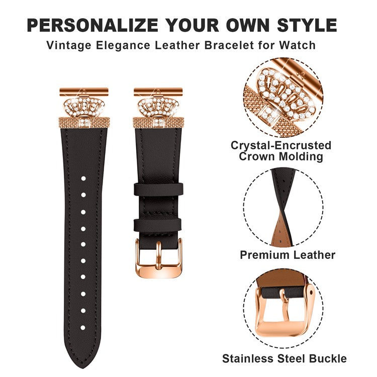 For GarminMove 3  /  Vivomove 3 Watchband Genuine Cow Leather Strap, Rose Gold Connector with Rhinestone Crown Decor - Black