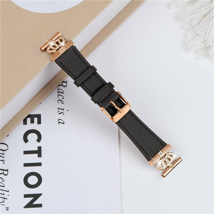 For GarminMove 3  /  Vivomove 3 Watchband Genuine Cow Leather Strap, Rose Gold Connector with Rhinestone Crown Decor - Black