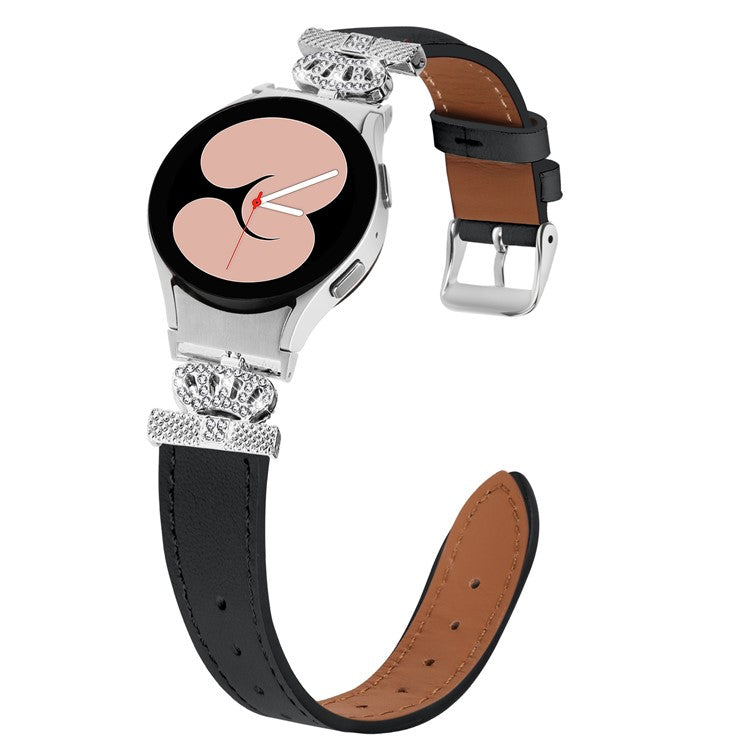 For Samsung Galaxy Watch6 40mm  /  44mm  /  Watch6 Classic 43mm  /  47mm Watchband with Silver Connector Genuine Cow Leather Strap - Black