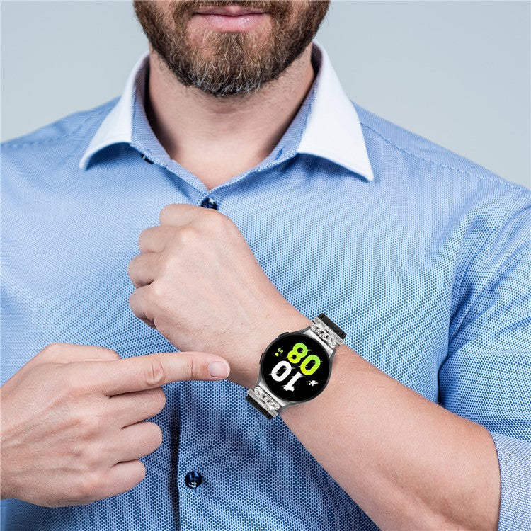 For Samsung Galaxy Watch6 40mm  /  44mm  /  Watch6 Classic 43mm  /  47mm Watchband with Silver Connector Genuine Cow Leather Strap - Black