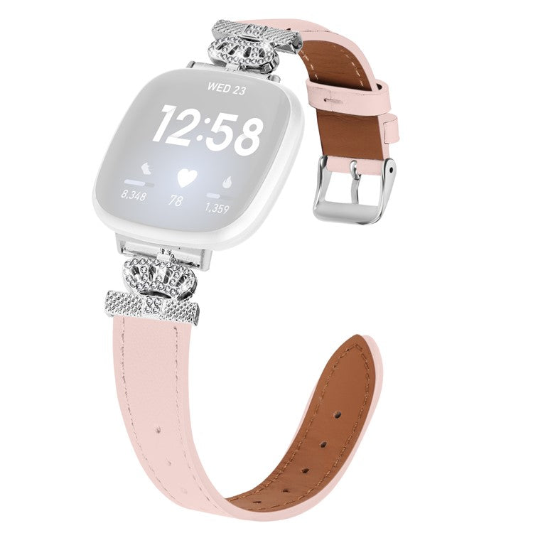 For Fitbit Versa 4 / Sense 2 Silver Buckle Genuine Cow Leather Crown Rhinestone  Watch Strap - Pink