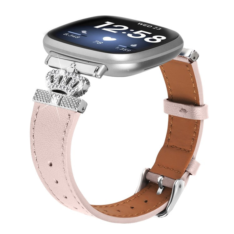 For Fitbit Versa 4 / Sense 2 Silver Buckle Genuine Cow Leather Crown Rhinestone  Watch Strap - Pink