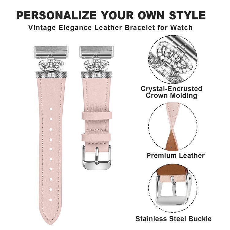 For Fitbit Versa 4 / Sense 2 Silver Buckle Genuine Cow Leather Crown Rhinestone  Watch Strap - Pink