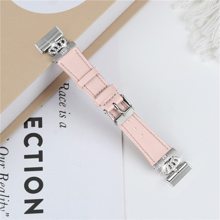 For Fitbit Versa 4 / Sense 2 Silver Buckle Genuine Cow Leather Crown Rhinestone  Watch Strap - Pink