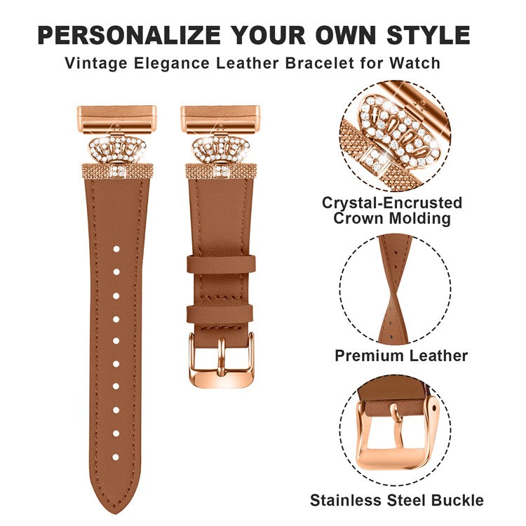 For Fitbit Versa 4 / Sense 2 Smooth Genuine Cow Leather Rhinestone Watch Strap (Rose Gold Buckle) - Brown