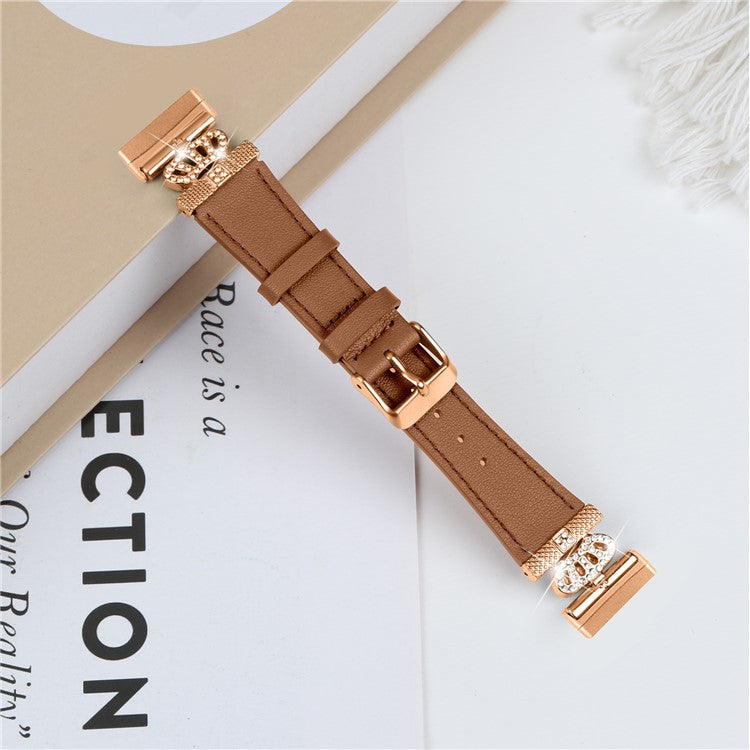 For Fitbit Versa 4 / Sense 2 Smooth Genuine Cow Leather Rhinestone Watch Strap (Rose Gold Buckle) - Brown