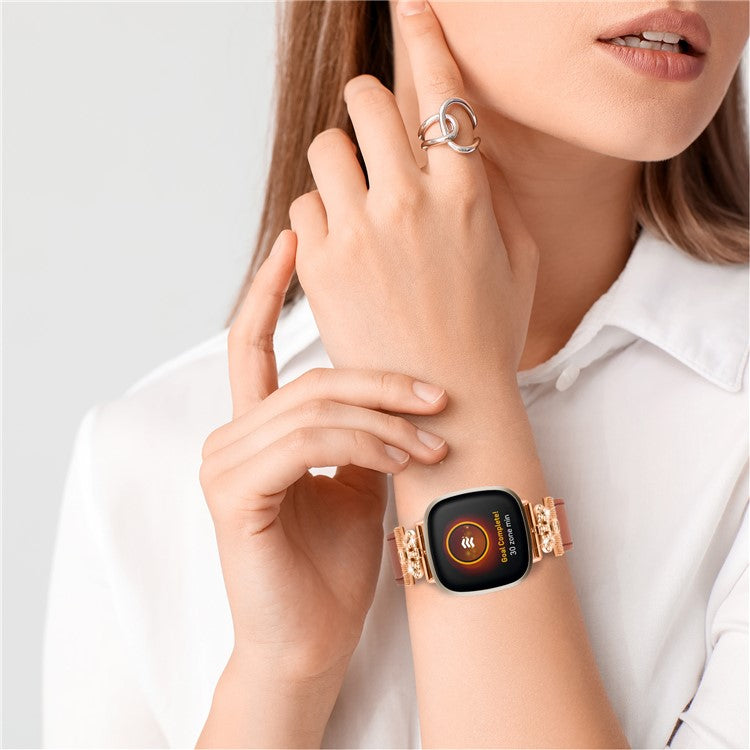 For Fitbit Versa 4 / Sense 2 Smooth Genuine Cow Leather Rhinestone Watch Strap (Rose Gold Buckle) - Brown