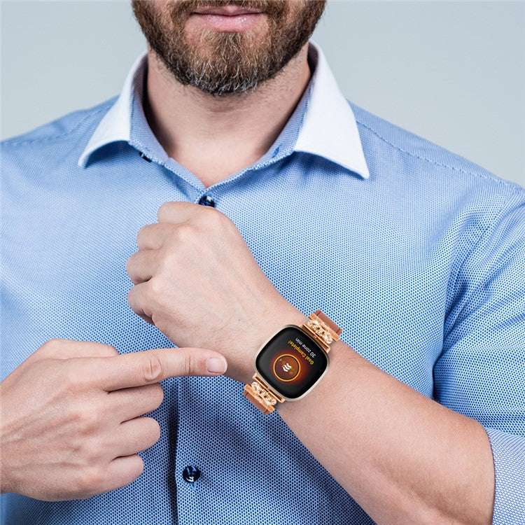For Fitbit Versa 4 / Sense 2 Smooth Genuine Cow Leather Rhinestone Watch Strap (Rose Gold Buckle) - Brown