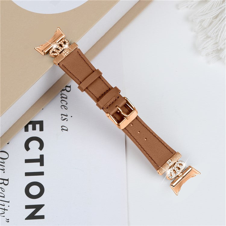 For Google Pixel Watch Rhinestone Genuine Cow Leather Wrist Band Strap (Rose Gold Buckle) - Brown