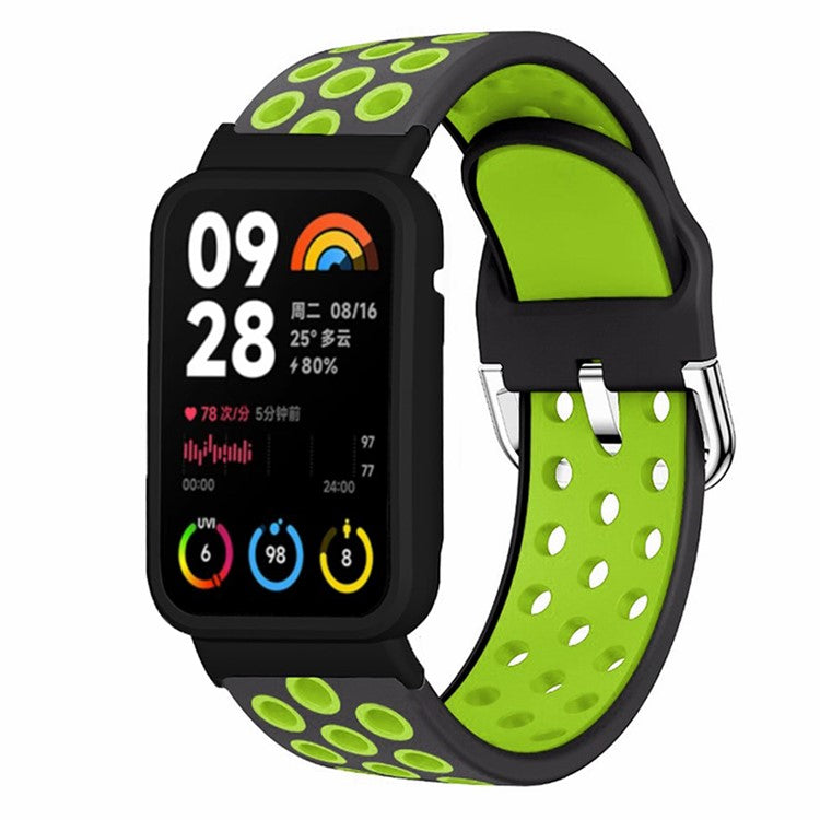 For Xiaomi Smart Band 8 Pro Silicone Watch Bands Replacement Strap with Watch Case - Black+Green