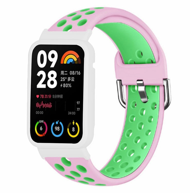 For Xiaomi Smart Band 8 Pro Silicone Watch Bands Replacement Strap with Watch Case - Pink+Green