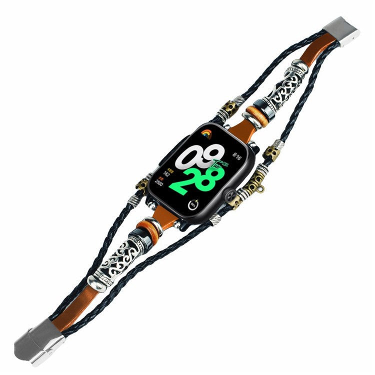For Xiaomi Redmi Watch 4 Watch Band Ethnic Style Leather Braided Beaded DIY Bracelet - Brown