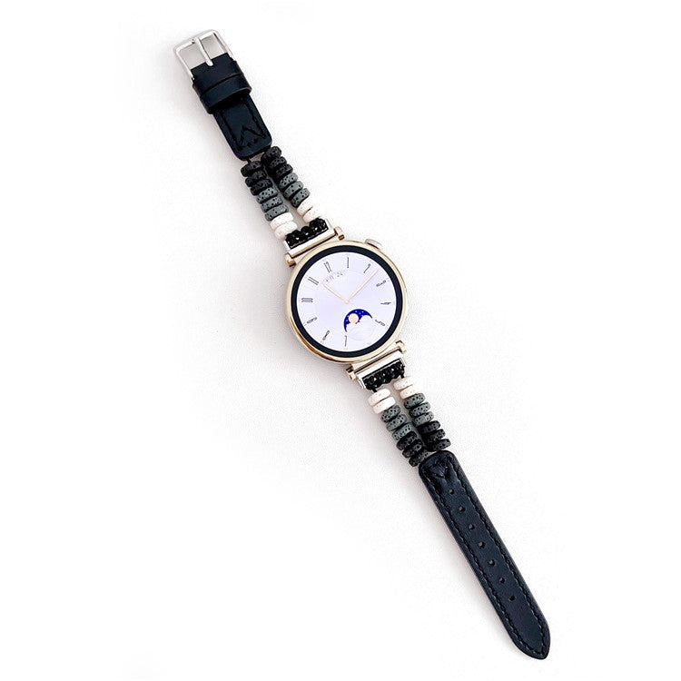 For Huawei Watch GT 4 41mm / Garmin Venu 3S 18mm Leather Watch Strap Volcanic Rock Beads Band - Black