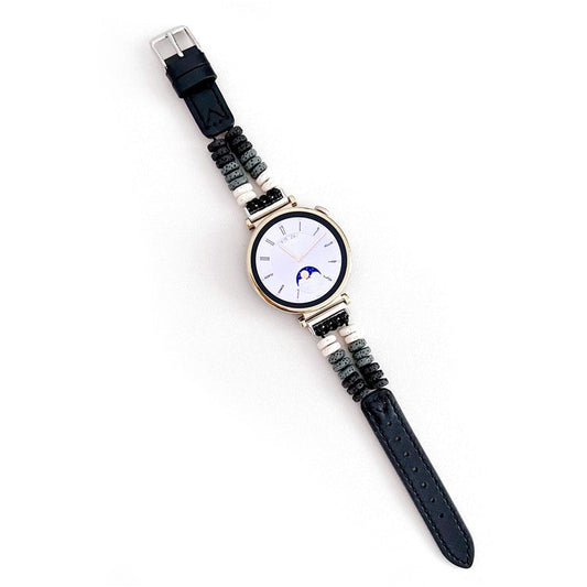 For Huawei Watch GT 4 41mm / Garmin Venu 3S 18mm Leather Watch Strap Volcanic Rock Beads Band - Black