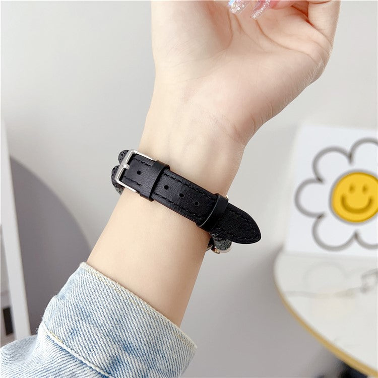 For Huawei Watch GT 4 41mm / Garmin Venu 3S 18mm Leather Watch Strap Volcanic Rock Beads Band - Black