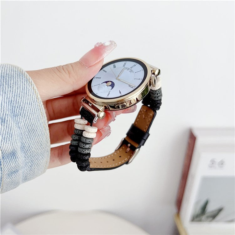 For Huawei Watch GT 4 41mm / Garmin Venu 3S 18mm Leather Watch Strap Volcanic Rock Beads Band - Black
