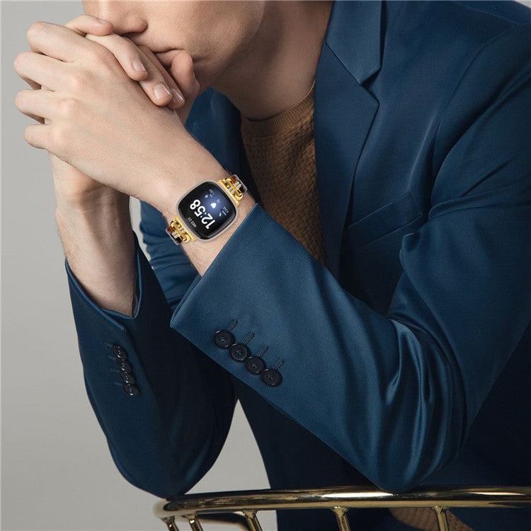For Fitbit Versa 4 / Sense 2 Smartwatch Band Resin+Rhinestone Strap - Gold+Black