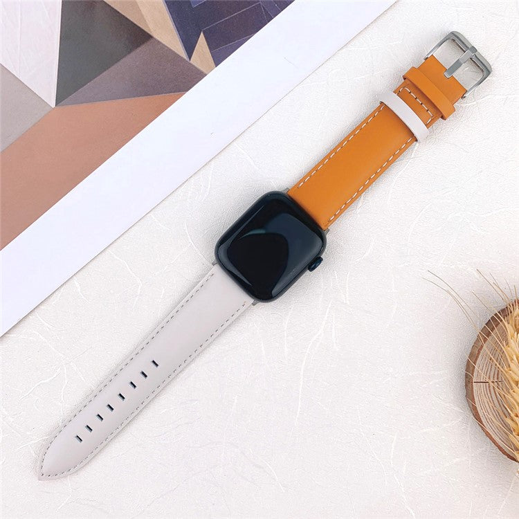 Watch Band for Apple Watch Series 10 42mm / 9 8 7 41mm / SE (2023) SE (2022) SE 6 5 4 40mm / 3 2 1 38mm Classic Cow Leather Strap - White  /  Khaki