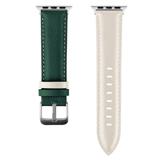 For Apple Watch 10 46mm / Ultra 2 / Ultra 49mm / 9 8 7 45mm / SE (2023) SE (2022) SE 6 5 4 44mm / 3 2 1 42mm Strap AW Cow Leather Watchband - White  /  Green