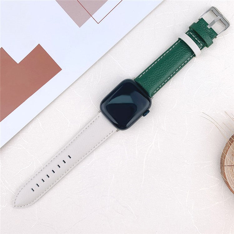For Apple Watch 10 46mm / Ultra 2 / Ultra 49mm / 9 8 7 45mm / SE (2023) SE (2022) SE 6 5 4 44mm / 3 2 1 42mm Strap AW Cow Leather Watchband - White  /  Green