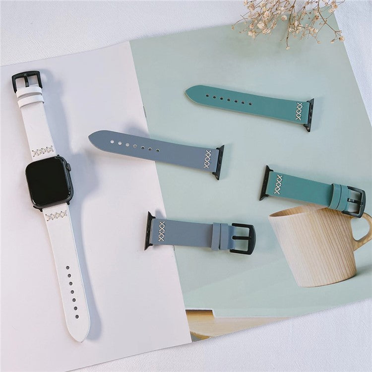 Watch Strap for Apple Watch Series 10 42mm / 9 8 7 41mm / SE (2023) SE (2022) SE 6 5 4 40mm / 3 2 1 38mm Cross Stitch Leather Watch Band - Green