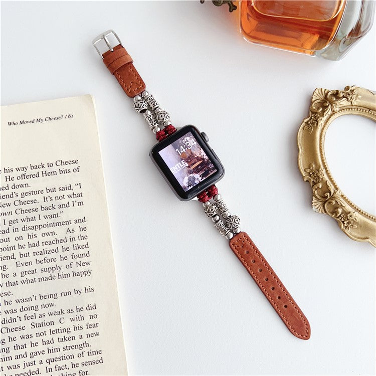 For Apple Watch Series 10 42mm / 9 8 7 41mm / SE (2023) SE (2022) SE 6 5 4 40mm / 3 2 1 38mm Leather Watch Band Beads Strap - Reddish Brown