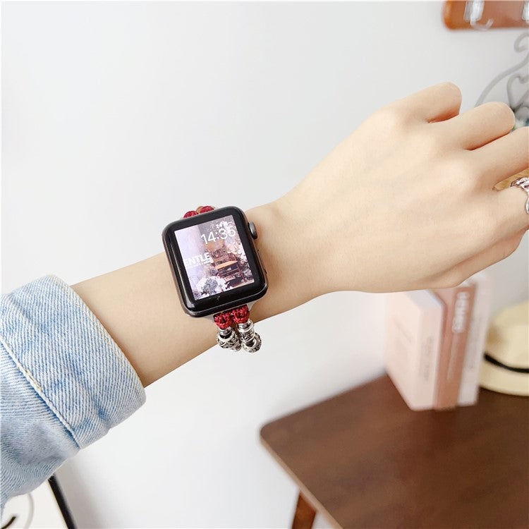 For Apple Watch Series 10 42mm / 9 8 7 41mm / SE (2023) SE (2022) SE 6 5 4 40mm / 3 2 1 38mm Leather Watch Band Beads Strap - Reddish Brown