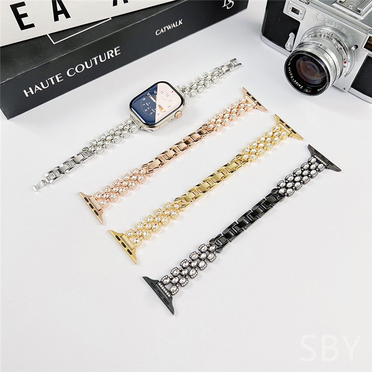 Watch Band for Apple Watch 10 46mm / Ultra 2 / Ultra 49mm / 9 8 7 45mm / SE (2023) SE (2022) SE 6 5 4 44mm / 3 2 1 42mm Rhinestone Decor Strap - Rose Gold