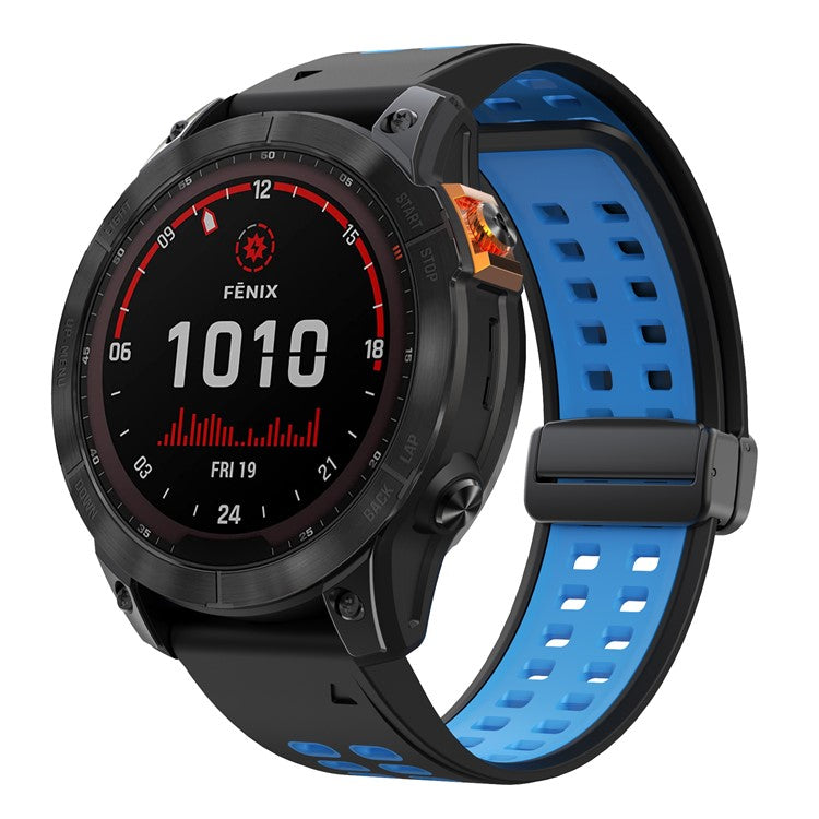 For Garmin Fenix 7 Pro / Fenix 7 Replacement Band 22mm Silicone Strap with Magnetic Buckle - Black+Sky Blue
