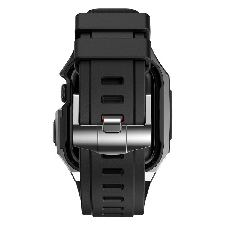 For Apple Watch Series 9 8 7 45mm Band Fluororubber Watch Strap with Stainless Steel Bezel Case - Silver